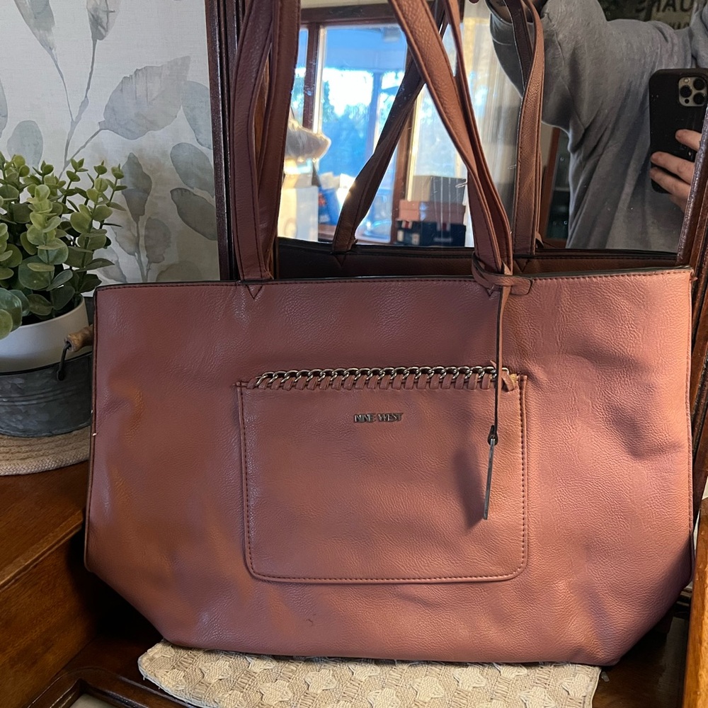NINE WEST Classic Tote/Shoulder Bag Pink with Silver Chain Detail 18" by 11.5"